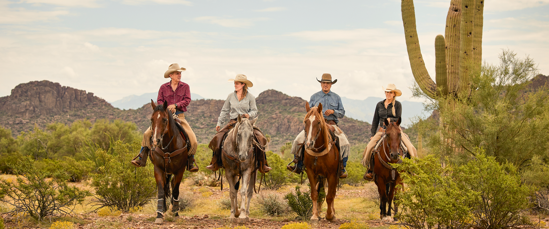 cuatro personas a caballo cabalgando por el desierto.